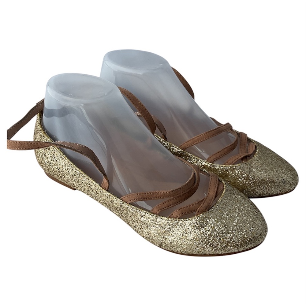 Zara Gold Glitter Flats with Brown Leather Straps